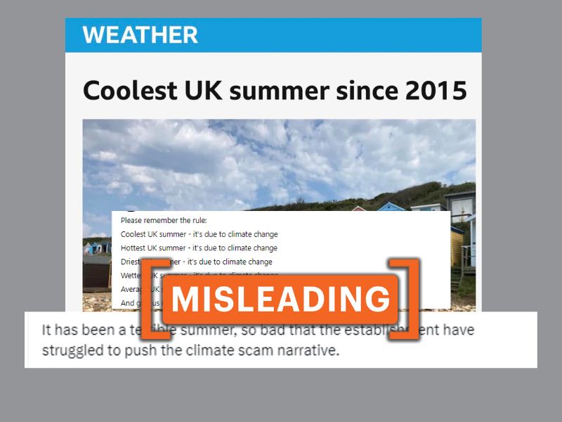 Social media posts claim that climate change is being blamed for the U.K.'s summer temperature dip in 2024, with a MISLEADING tag.